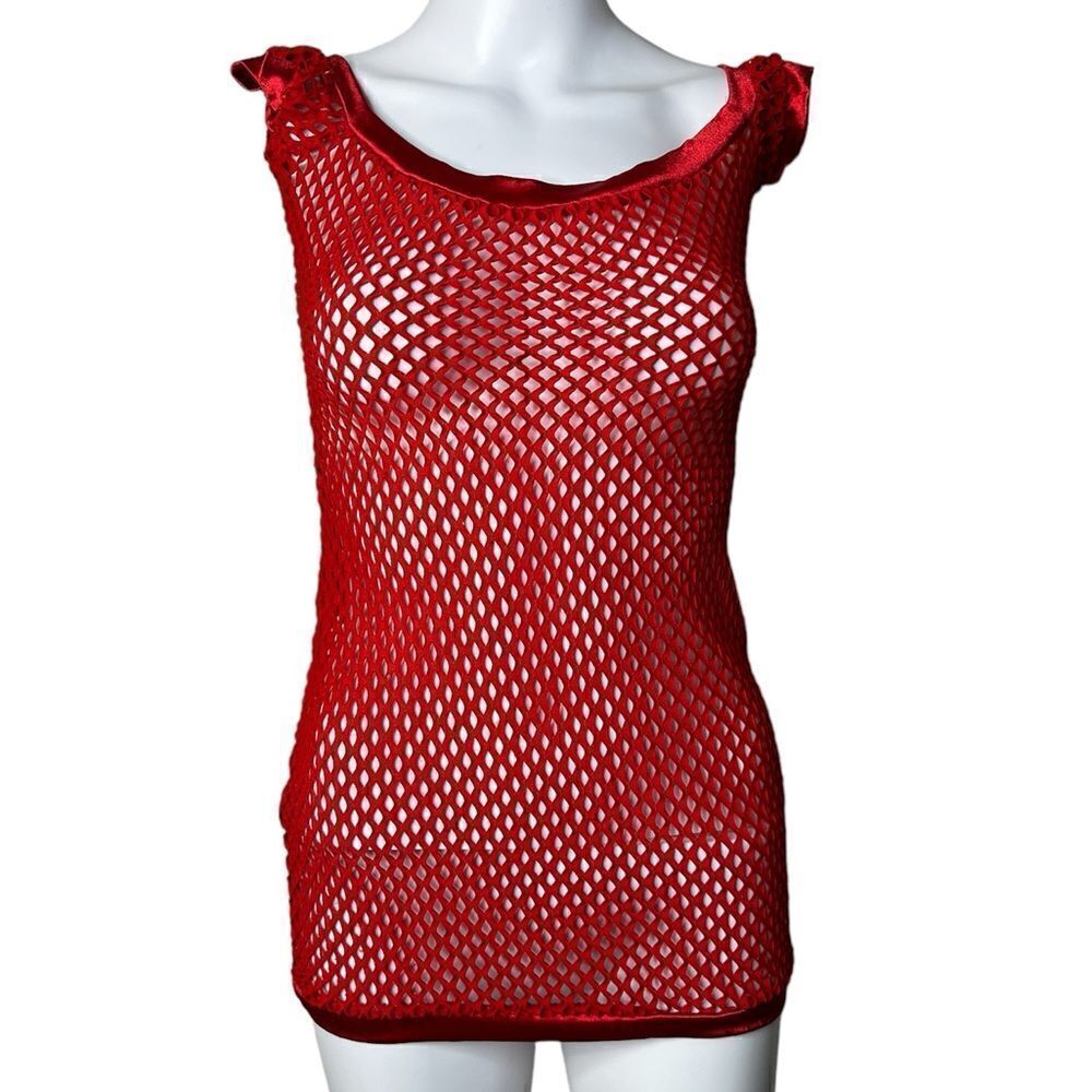 Risque Cap Sleeve Fishnet Mesh Top Red Size One Size